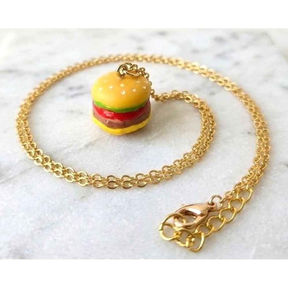 Handmade Necklace Gold Toned Stainless Steel Burger Pendant 24" Chain